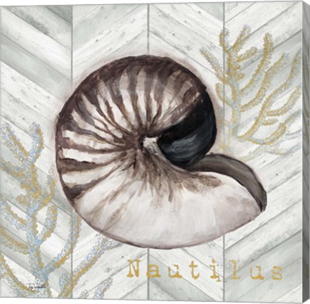 Framed Gray Gold Chevron Nautilus Shell Print