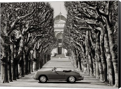 Framed Roadster in Tree Lined Road, Paris (BW) Print