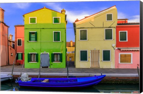 Framed Italy, Burano Colorful House Walls And Boat In Canal Print