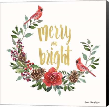 Framed Merry and Bright Wreath with Cardinals Print