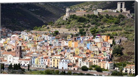 Framed Pastel-Colored Buildings And Malaspina Castle In Bosa, Sardinia, Italy Print