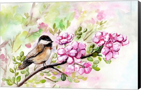 Framed Spring Chickadee and Apple Blossoms Print