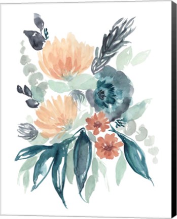 Framed Teal &amp; Peach Bouquet I Print