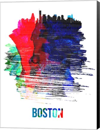 Framed Boston Skyline Brush Stroke Watercolor Print