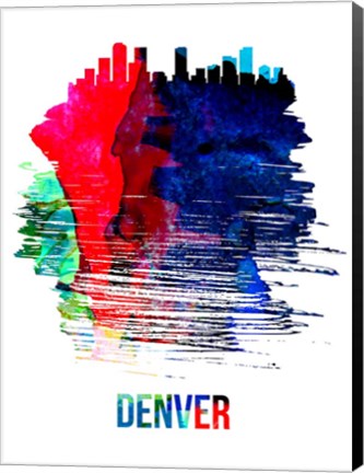 Framed Denver Skyline Brush Stroke Watercolor Print