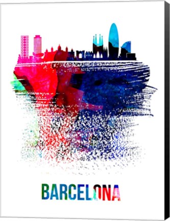 Framed Barcelona Skyline Brush Stroke Watercolor Print