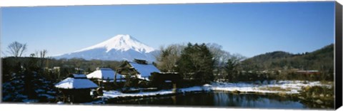 Framed Houses in front of a mountain, Mt Fuji, Honshu, Japan Print