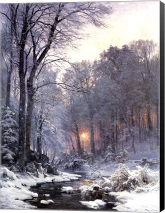 Framed Twilit Wooded River in the Snow Print