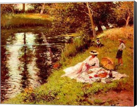 Framed Picnic on the River Bank Print