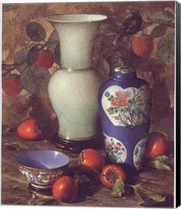 Framed Persimmons and Chinese Porcelain Print