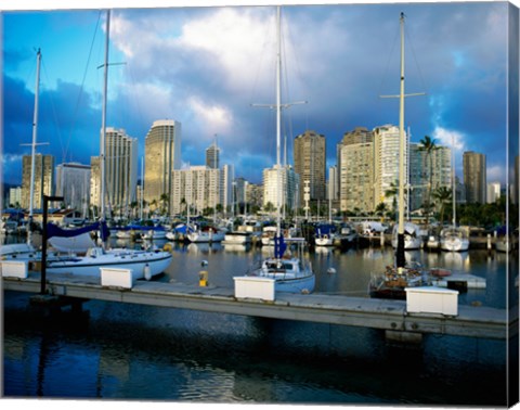 Framed Sailboats docked in a harbor, Ala Wai Marina, Waikiki Beach, Honolulu, Oahu, Hawaii, USA Print