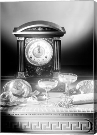 Framed Clock showing 12 o&#39;clock with champagne flutes and party hats in the foreground Print