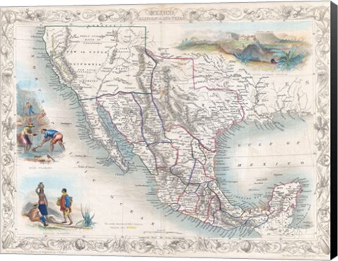 Framed 1851 Tallis Map of Mexico, Texas, and California Print