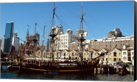 Framed Sailing ship moored in a harbor, Waterfront Restaurant, Sydney, New South Wales, Australia Print