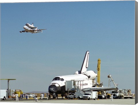 Framed Endeavour on Runway with Columbia on SCA Overhead Print