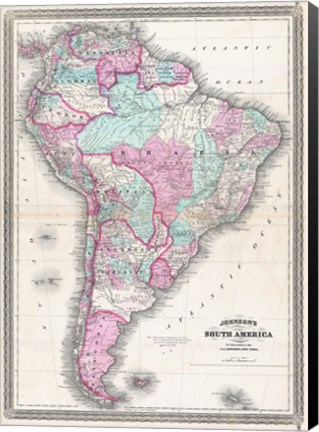 Framed 1870 Johnson Map of South America Print