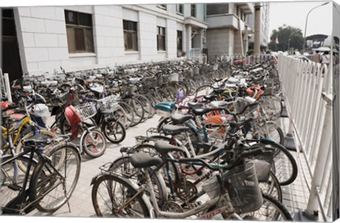 Framed Bicycles parked outside a building, Beijing, China Print