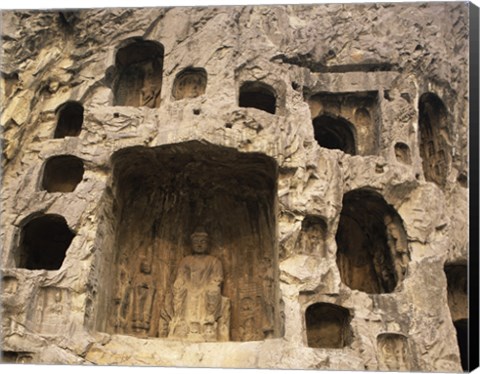 Framed Buddha Statue Carved on a wall, Longmen Caves in China Print