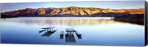 Framed Picnic tables in the lake, Diaz Recreation Area Lake, Lone Pine, California, USA Print