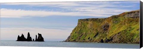 Framed Basalt rock formations in the sea, Vik, Iceland Print