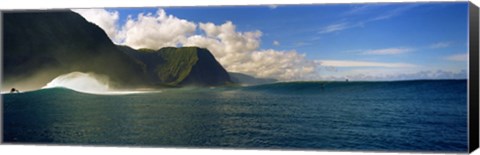 Framed Rolling waves with mountains in the background, Molokai, Hawaii Print