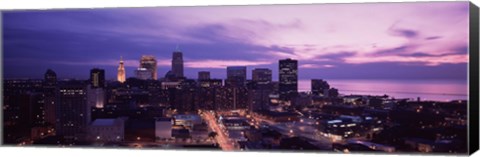 Framed Buildings lit up at night in a city, Cleveland, Cuyahoga County, Ohio, USA Print