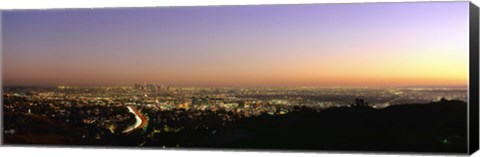 Framed Aerial view of buildings in a city at dusk from Hollywood Hills, Hollywood, City of Los Angeles, California, USA Print