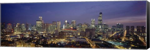 Framed High Angle View Of Buildings Lit Up At Dusk, Chicago, Illinois, USA Print