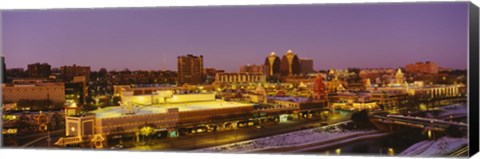 Framed High angle view of buildings lit up at dusk, Kansas City, Missouri, USA Print