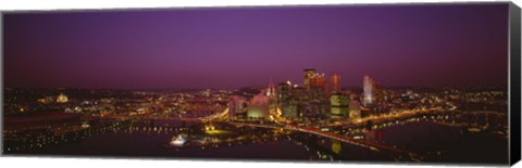 Framed High angle view of buildings lit up at night, Three Rivers Stadium, Pittsburgh, Pennsylvania, USA Print