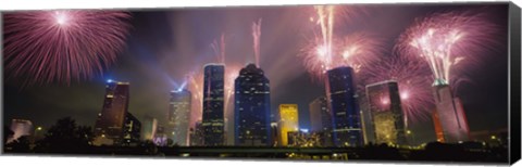 Framed Fireworks Over Buildings In Houston, Texas Print