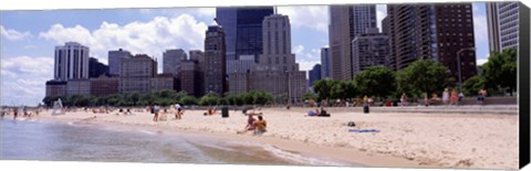 Framed Group of people on the beach, Oak Street Beach, Chicago, Illinois, USA Print
