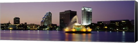 Framed Fountain in a lake lit up at night, Lake Eola, Summerlin Park, Orlando, Florida Print