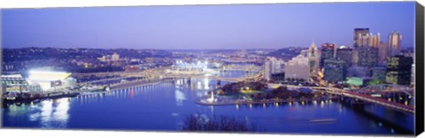 Framed Pittsburgh skyscrapers and Heinz Stadium at night Print