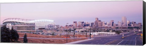 Framed USA, Colorado, Denver, Invesco Stadium, Skyline at dusk Print