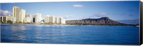 Framed Buildings at the waterfront with a volcanic mountain in the background, Honolulu, Oahu, Hawaii, USA Print