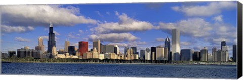 Framed USA, Illinois, Chicago, Panoramic view of an urban skyline by the shore Print