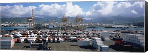 Framed Containers And Cranes At A Harbor, Honolulu Harbor, Hawaii, USA Print