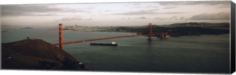 Framed Barge passing under a bridge, Golden Gate Bridge, San Francisco, California, USA Print