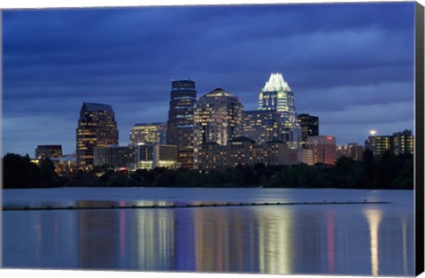 Framed Buildings at the waterfront lit up at dusk, Town Lake, Austin, Texas, USA Print