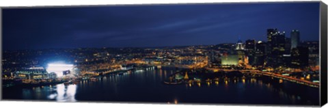 Framed High angle view of buildings lit up at night, Heinz Field, Pittsburgh, Allegheny county, Pennsylvania, USA Print