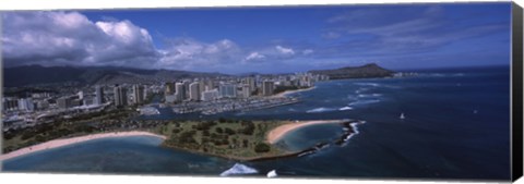 Framed Aerial view of buildings at the waterfront, Ala Moana Beach Park, Waikiki Beach, Honolulu, Oahu, Hawaii, USA Print