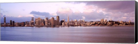 Framed San Francisco city skyline at sunrise viewed from Treasure Island side, San Francisco Bay, California, USA Print