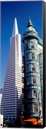 Framed Low angle view of towers, Columbus Tower, Transamerica Pyramid, San Francisco, California, USA Print