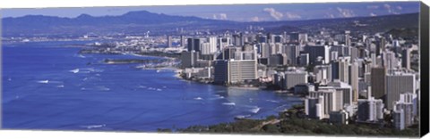 Framed High angle view of a city at waterfront, Honolulu, Oahu, Honolulu County, Hawaii Print