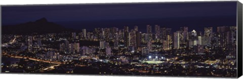 Framed High angle view of a city lit up at night, Honolulu, Oahu, Honolulu County, Hawaii, USA Print