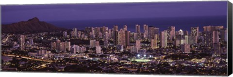 Framed High angle view of a city lit up at dusk, Honolulu, Oahu, Honolulu County, Hawaii Print