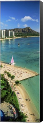 Framed Aerial view of a beach, Diamond Head, Waikiki Beach, Oahu, Honolulu, Hawaii, USA Print