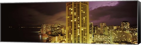 Framed Buildings lit up at night, Honolulu, Oahu, Hawaii, USA Print