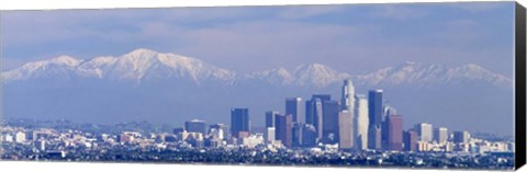 Framed Buildings in a city with snowcapped mountains in the background, San Gabriel Mountains, City of Los Angeles, California, USA Print